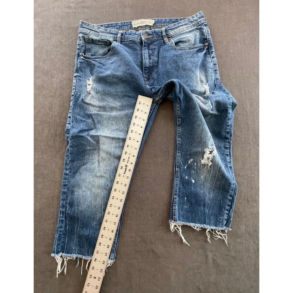 Jeanius Distressed Cropped Jeans Mens 36 Blue Grunge Thrashed Streetwear Raw Hem